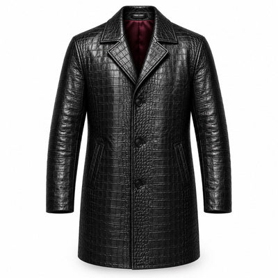 Black Crocodile Embossed Leather Car Coat with Silk Lining