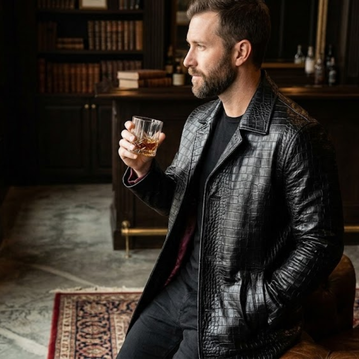 Black crocodile embossed leather car coat for men styled open over a suit jacket, Wild Leathers