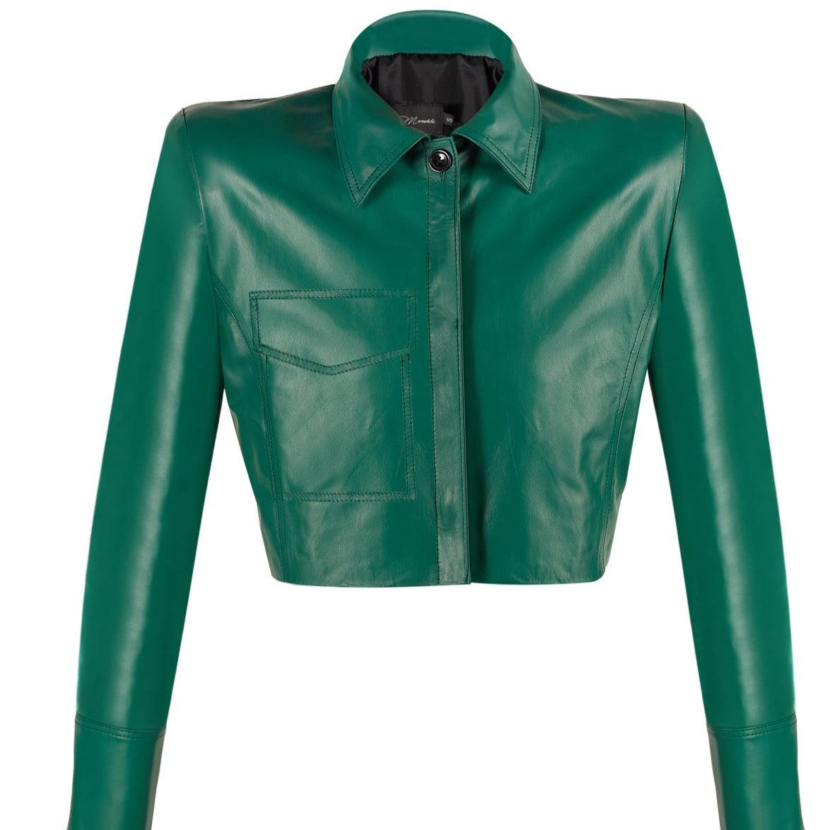 The Manhattan: Women's Emerald Green Leather Jacket, front view