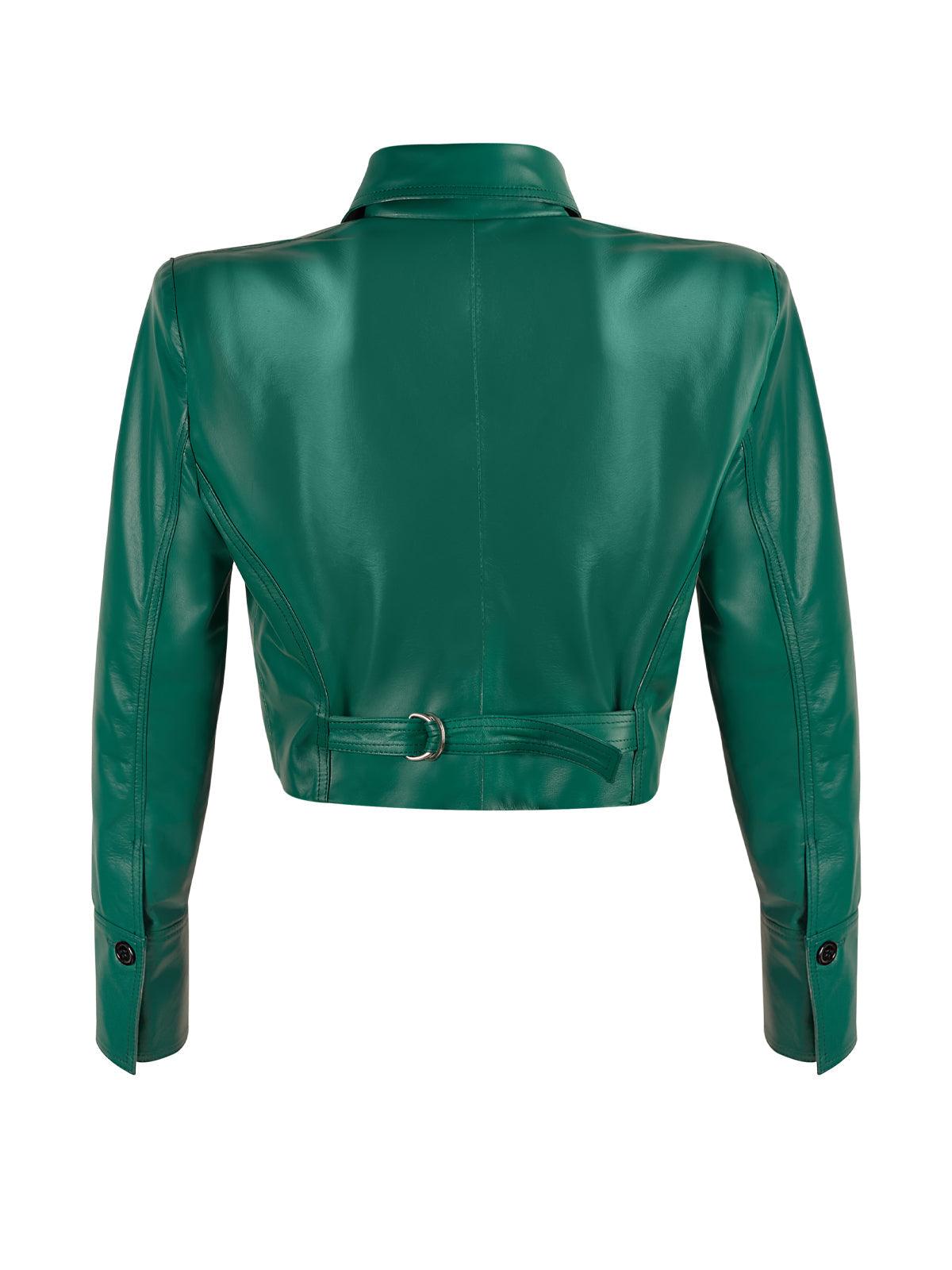 The Manhattan: Women's Emerald Green Leather Jacket, styled