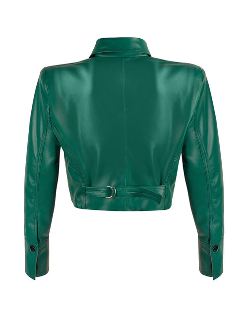 The Manhattan: Women's Emerald Green Leather Jacket, styled