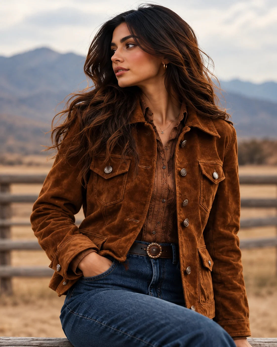 The Ranch: Women's Brown Suede Trucker Jacket, front view