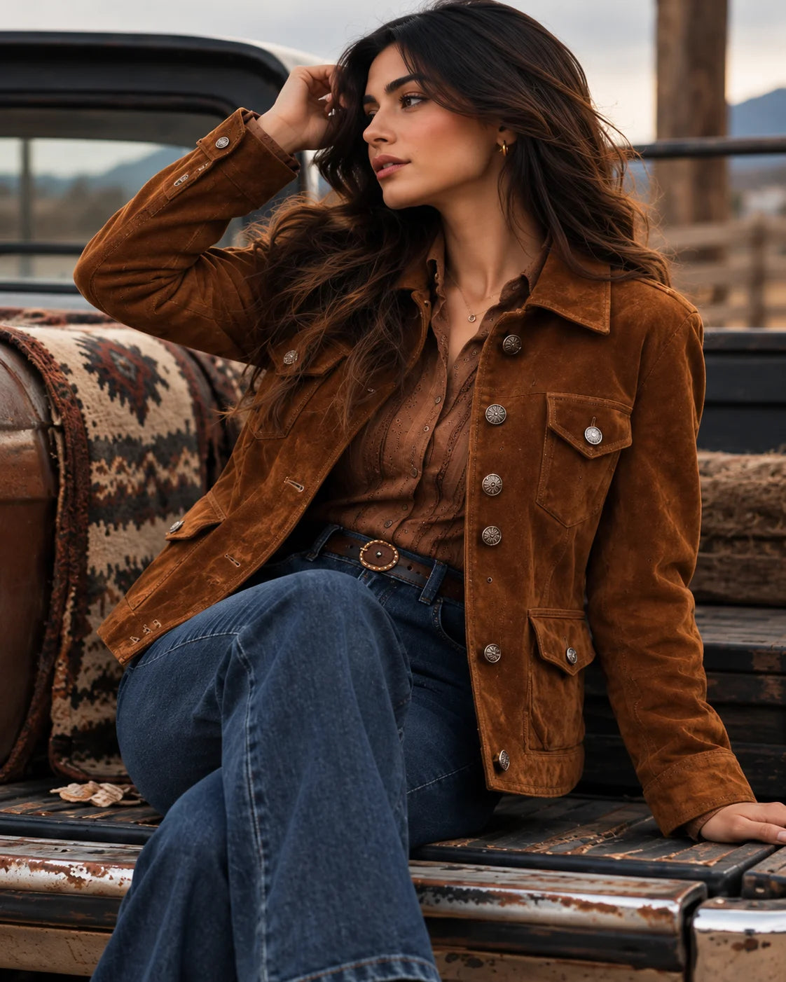 The Ranch: Women's Brown Suede Trucker Jacket, seated front view