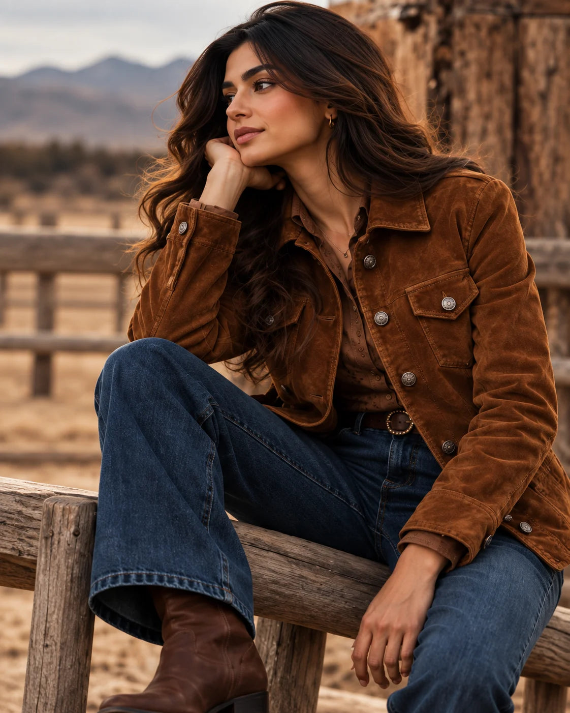 The Ranch: Women's Brown Suede Trucker Jacket, close fit on the shoulders