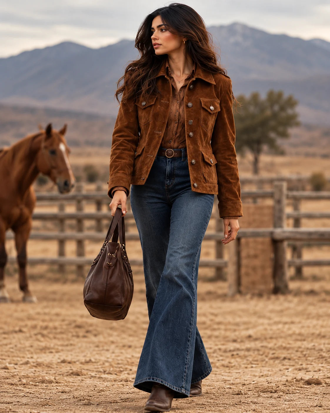 The Ranch: Women's Brown Suede Trucker Jacket, full-length walking shot
