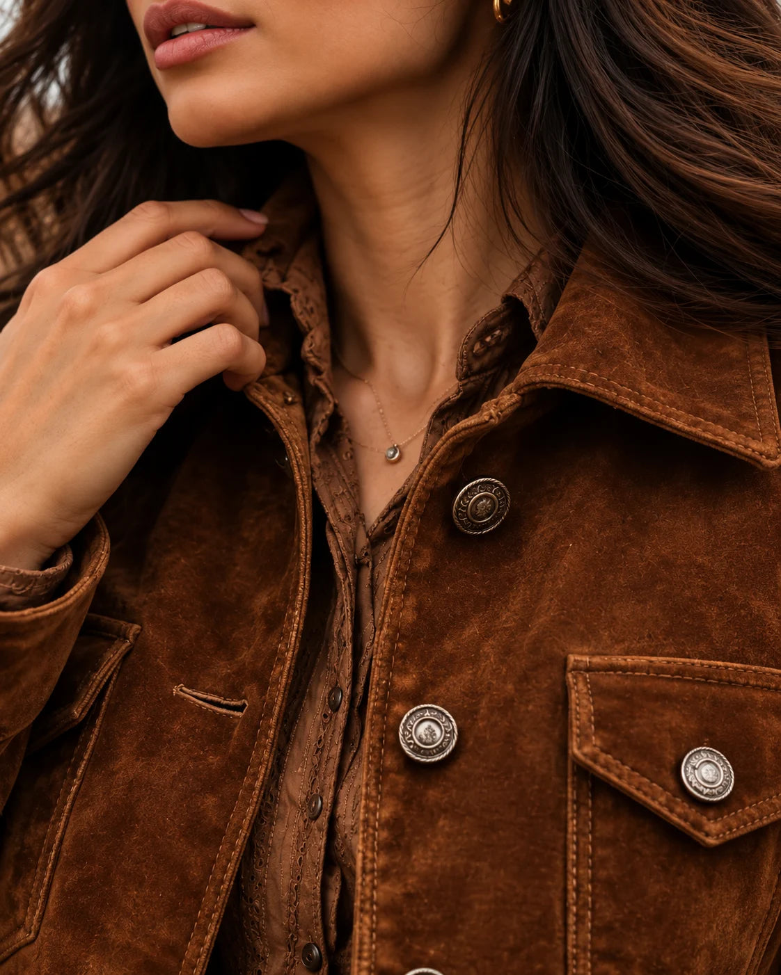 The Ranch: Women's Brown Suede Trucker Jacket, detail of collar, buttons and chest pocket