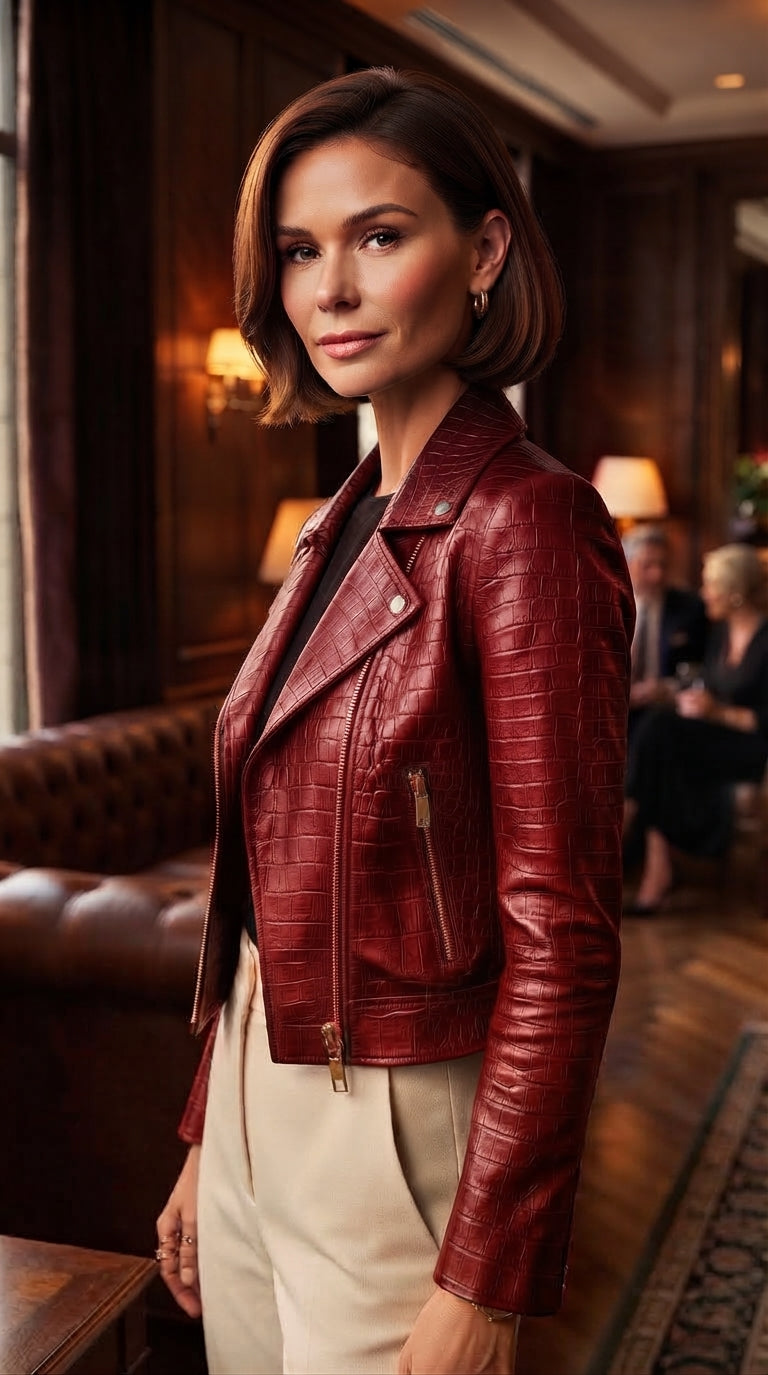 Woman wearing a burgundy cropped croc-embossed leather biker jacket