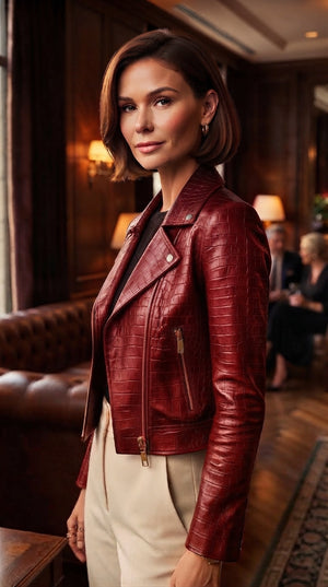 Women's Burgundy Croc-Embossed Cropped Biker Jacket