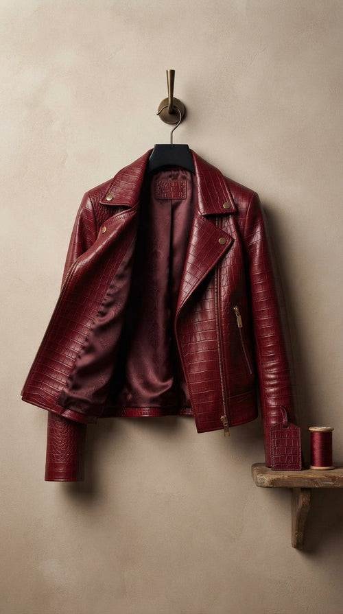 Burgundy cropped croc leather biker jacket hanging on a wall hook