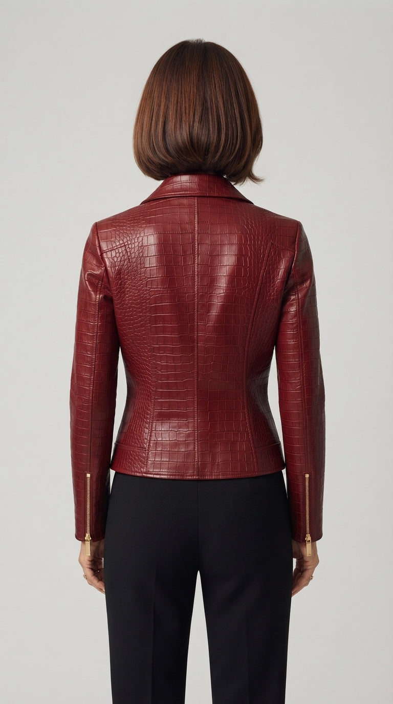 Back view of the women's burgundy cropped croc-embossed leather jacket