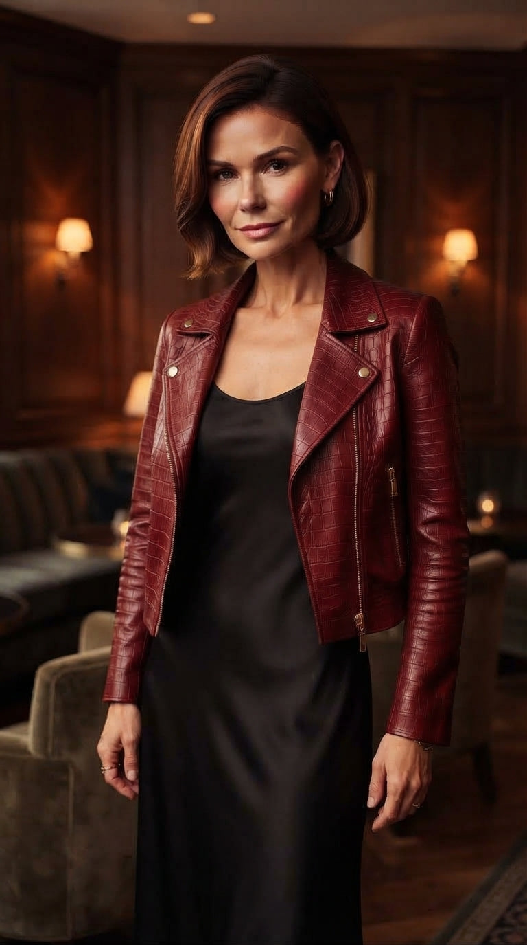 Woman wearing the burgundy cropped croc jacket over a black slip dress