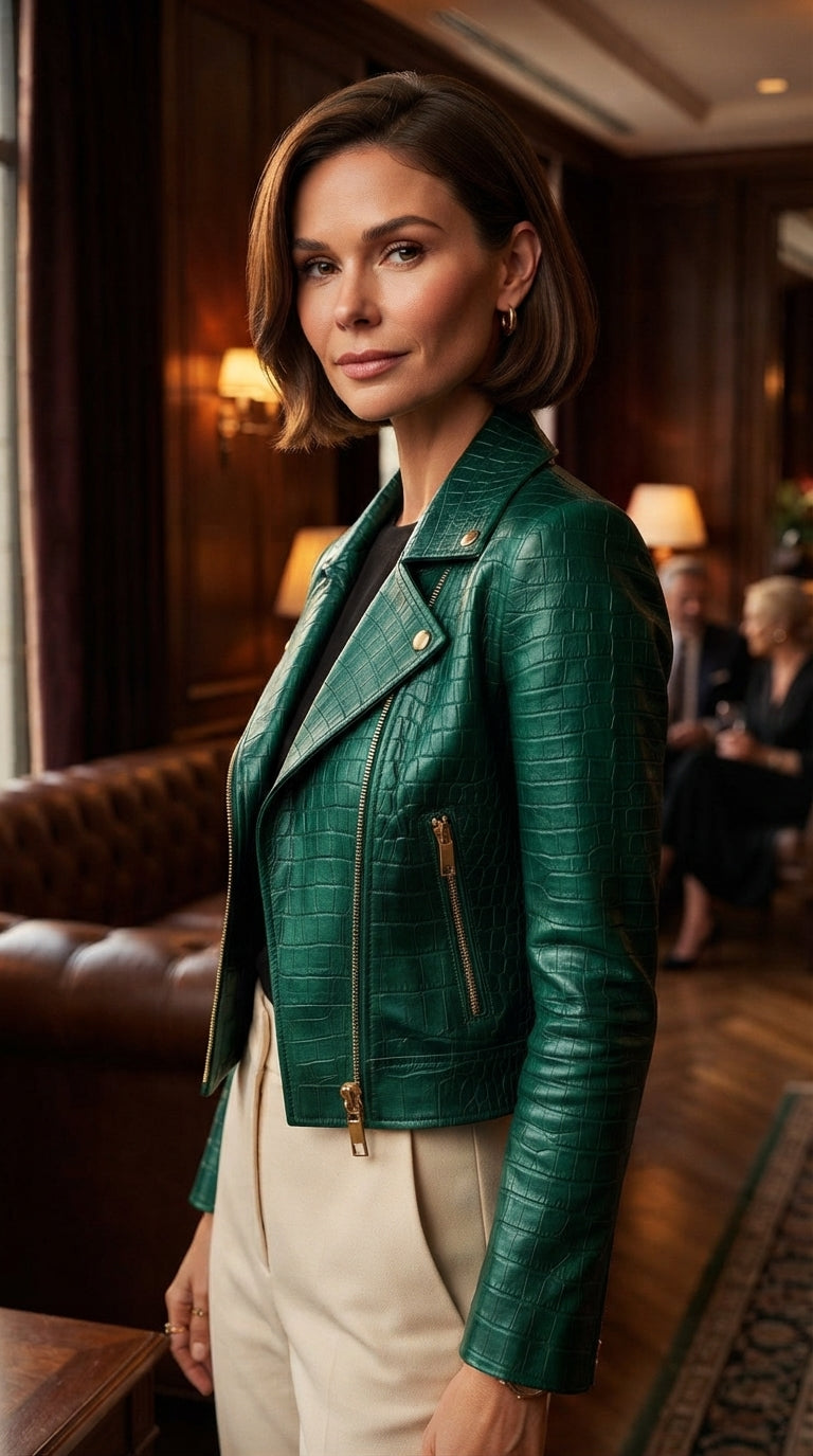 Cropped emerald green croc-embossed leather jacket with notched lapels and side zip pockets.