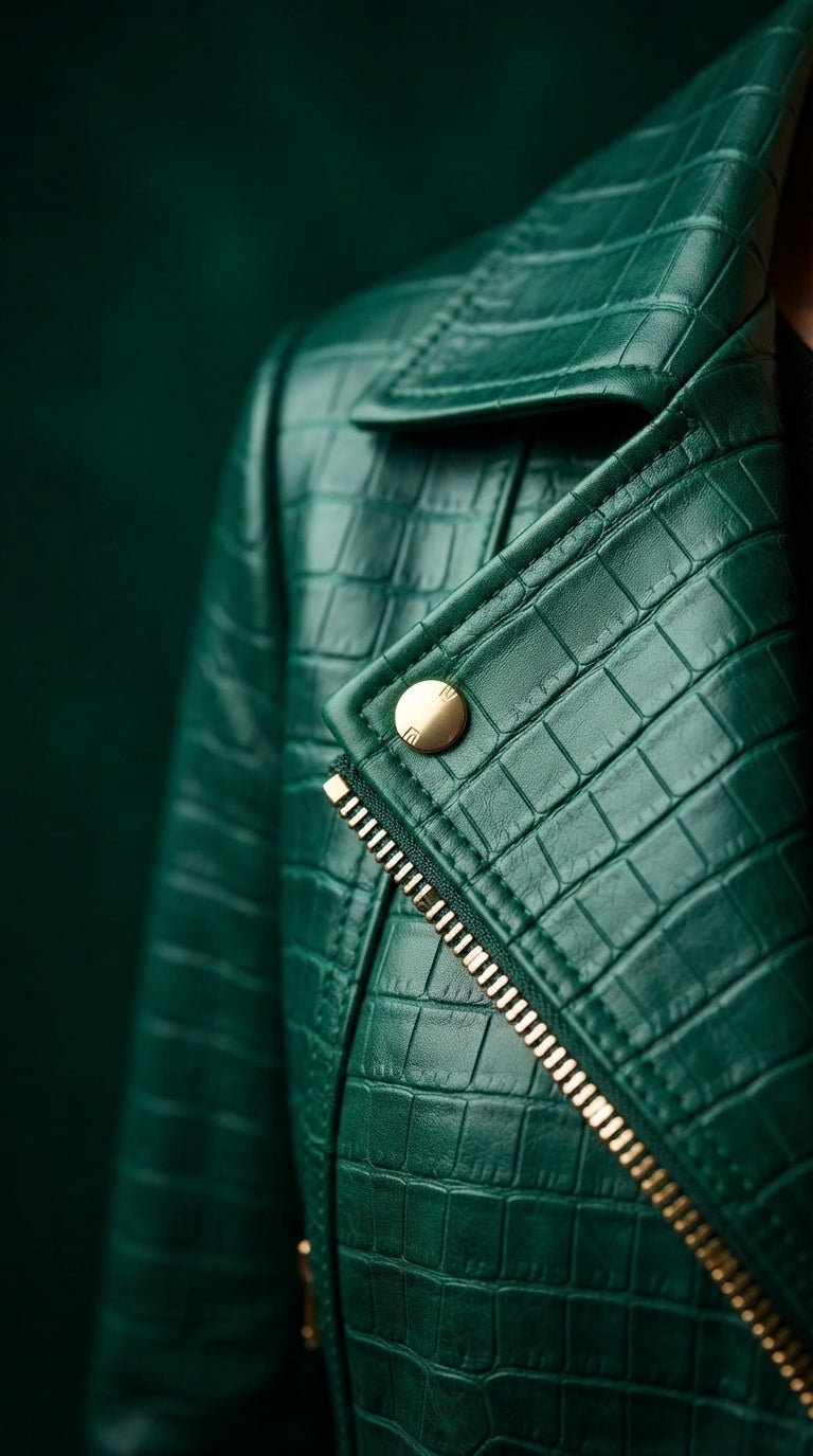 Close-up of emerald croc-embossed leather, gold zip and lapel stud
