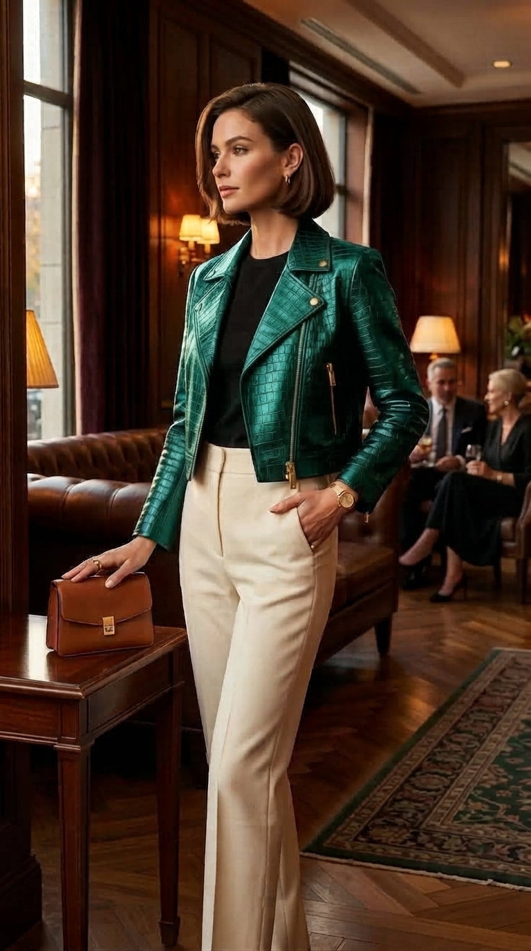 Woman wearing an emerald green croc leather biker jacket with cream trousers