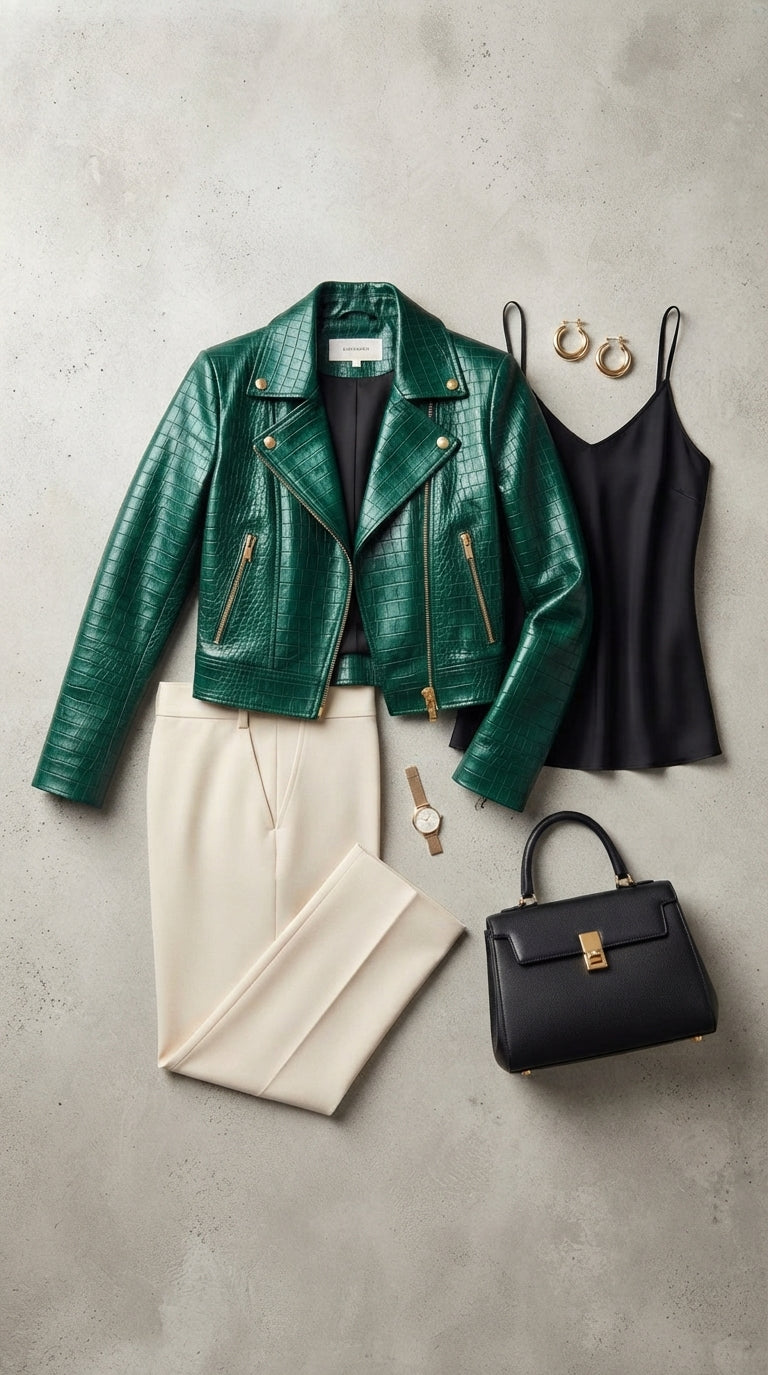 Emerald croc leather biker jacket in a flat lay with cream trousers and a black bag