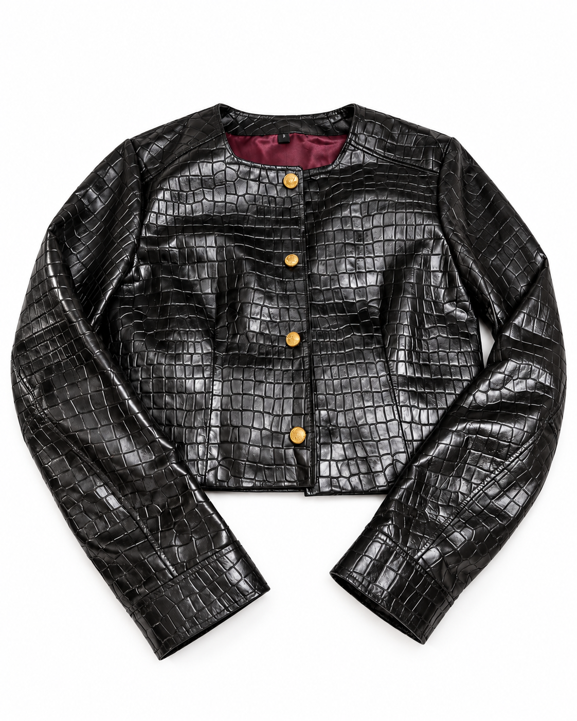 Women's black croc-embossed cropped collarless leather jacket with gold buttons, front view