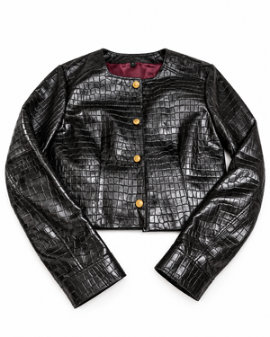 Chaqueta corta sin cuello de piel efecto cocodrilo negra para mujer