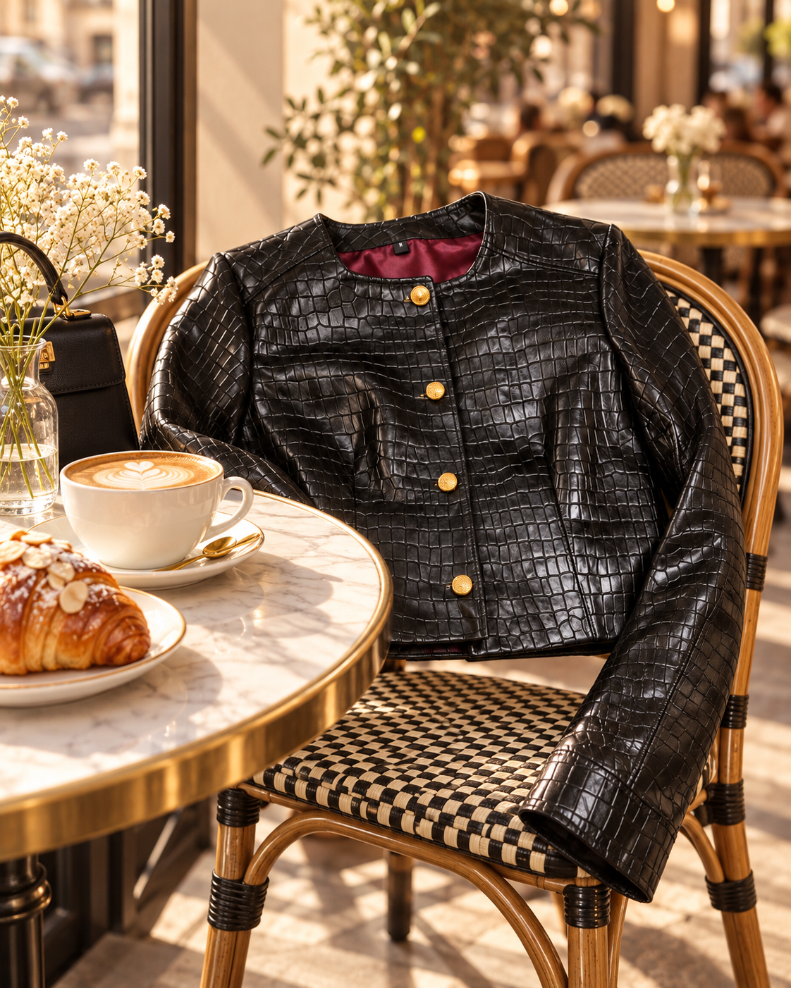 Black cropped croc leather jacket with gold buttons draped on a café chair