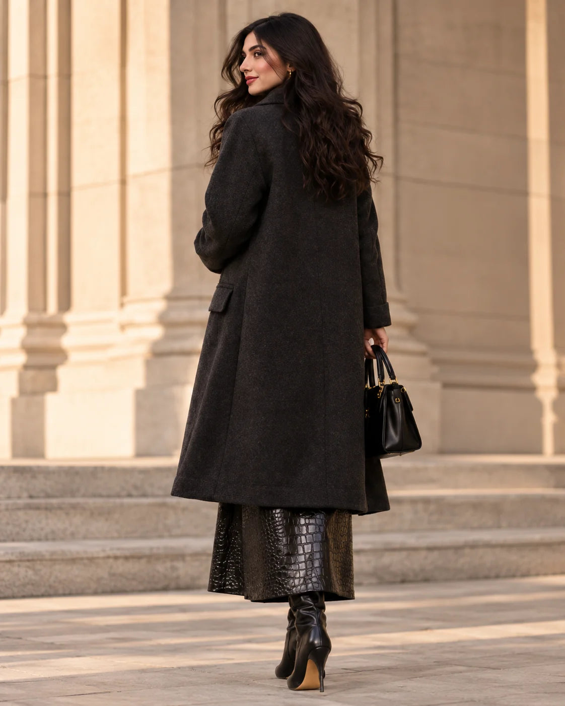 Women's Black Croc-Embossed Leather Maxi Skirt, view 6