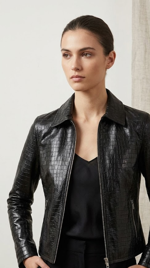 Women's Black Croc-Embossed Tailored Leather Jacket, front view
