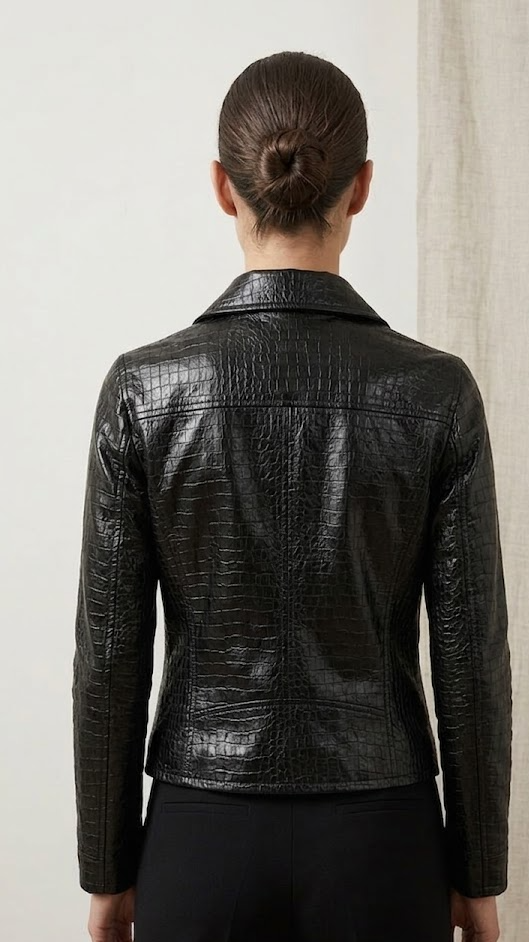 Women's Black Croc-Embossed Tailored Leather Jacket, leather detail