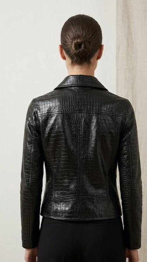 Women's Black Croc-Embossed Tailored Leather Jacket, leather detail