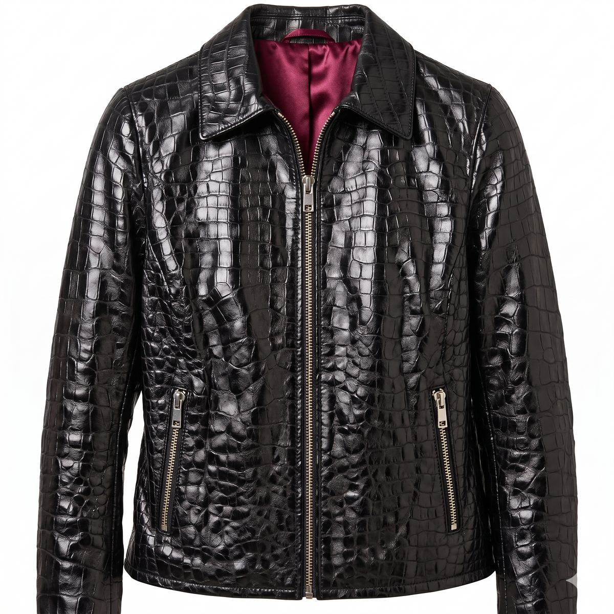 Women's Black Croc-Embossed Tailored Leather Jacket, worn open showing the lining