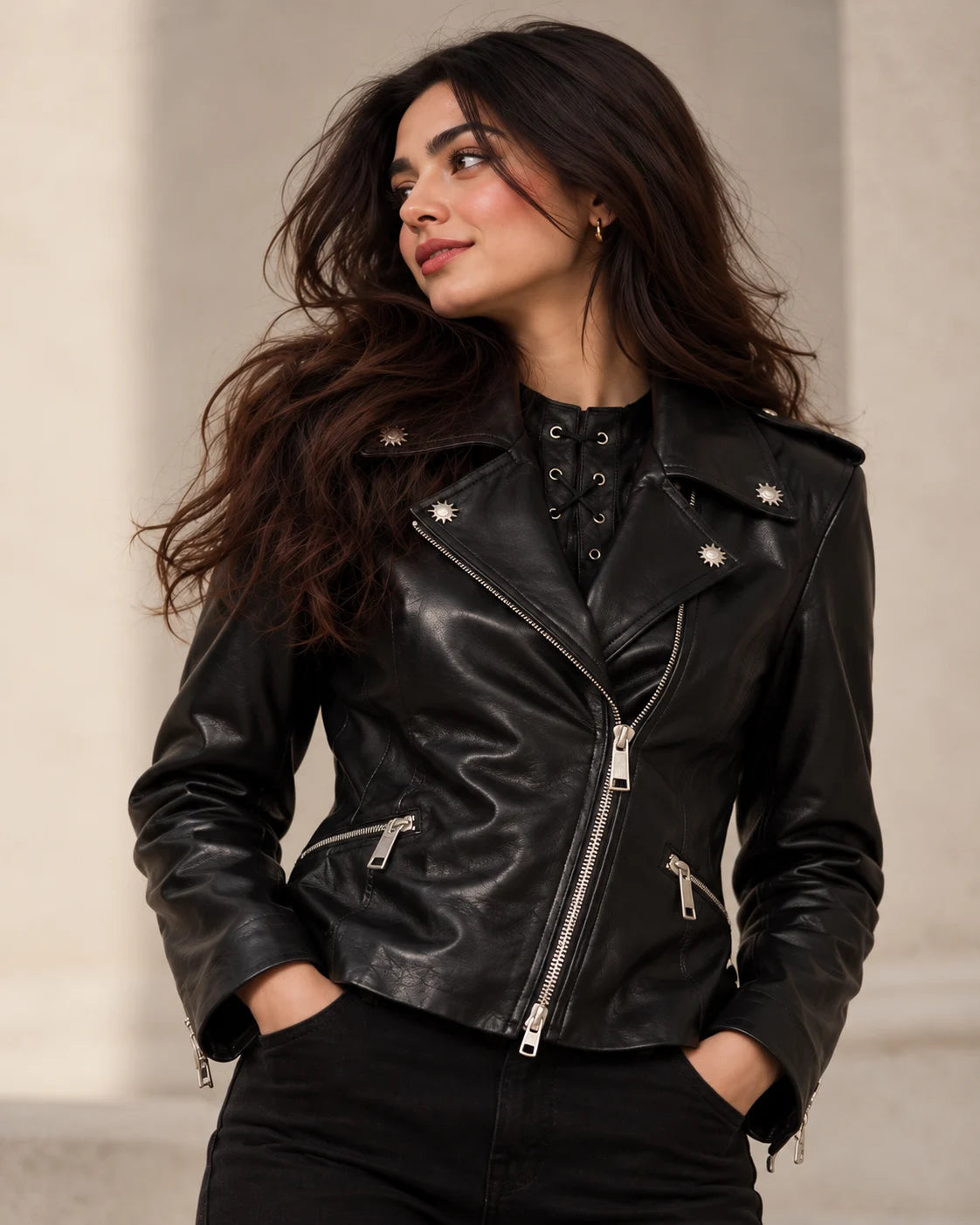 Women's Black Leather Biker Jacket with Star Studs