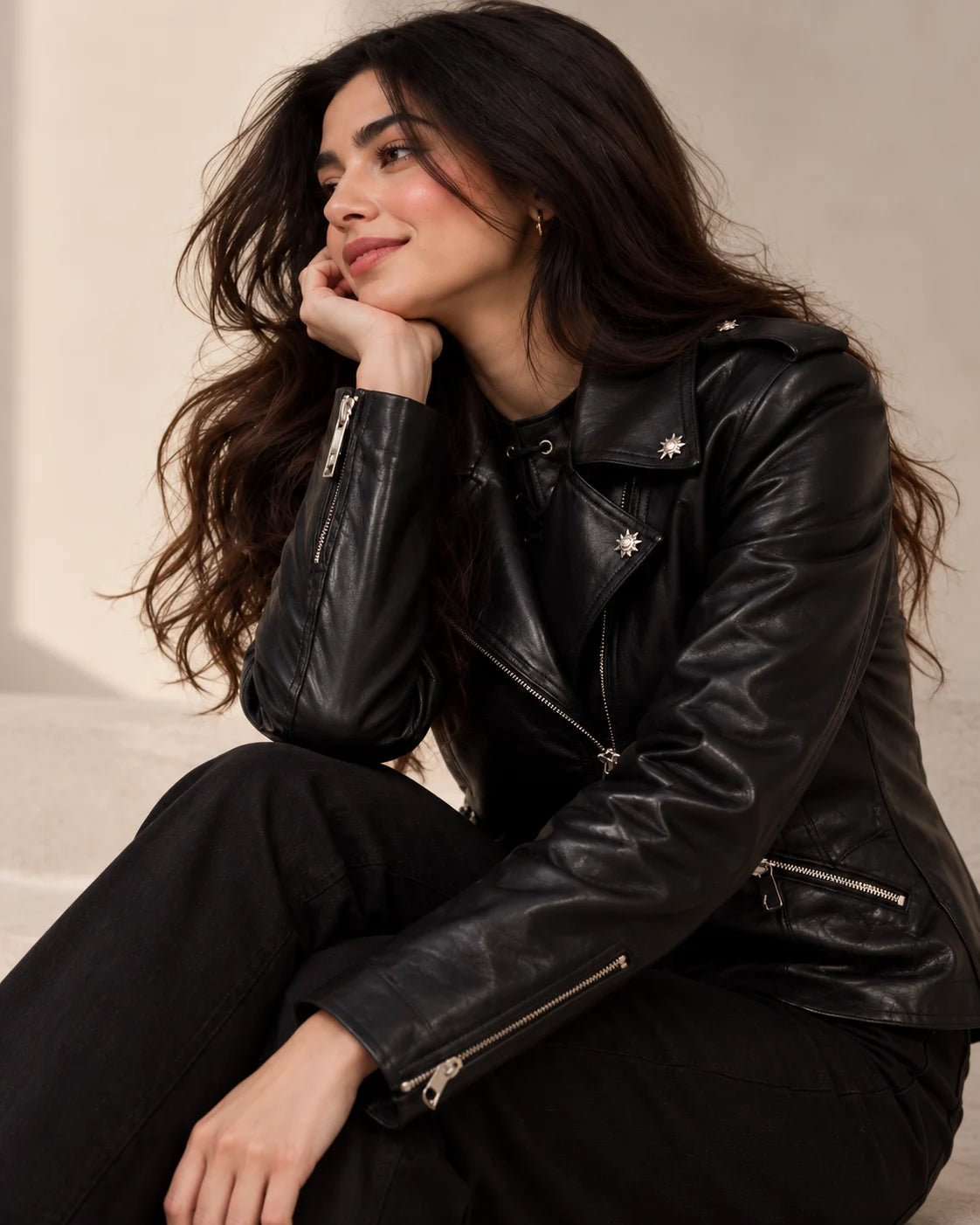 Women's Black Leather Biker Jacket with Star Studs, view 3