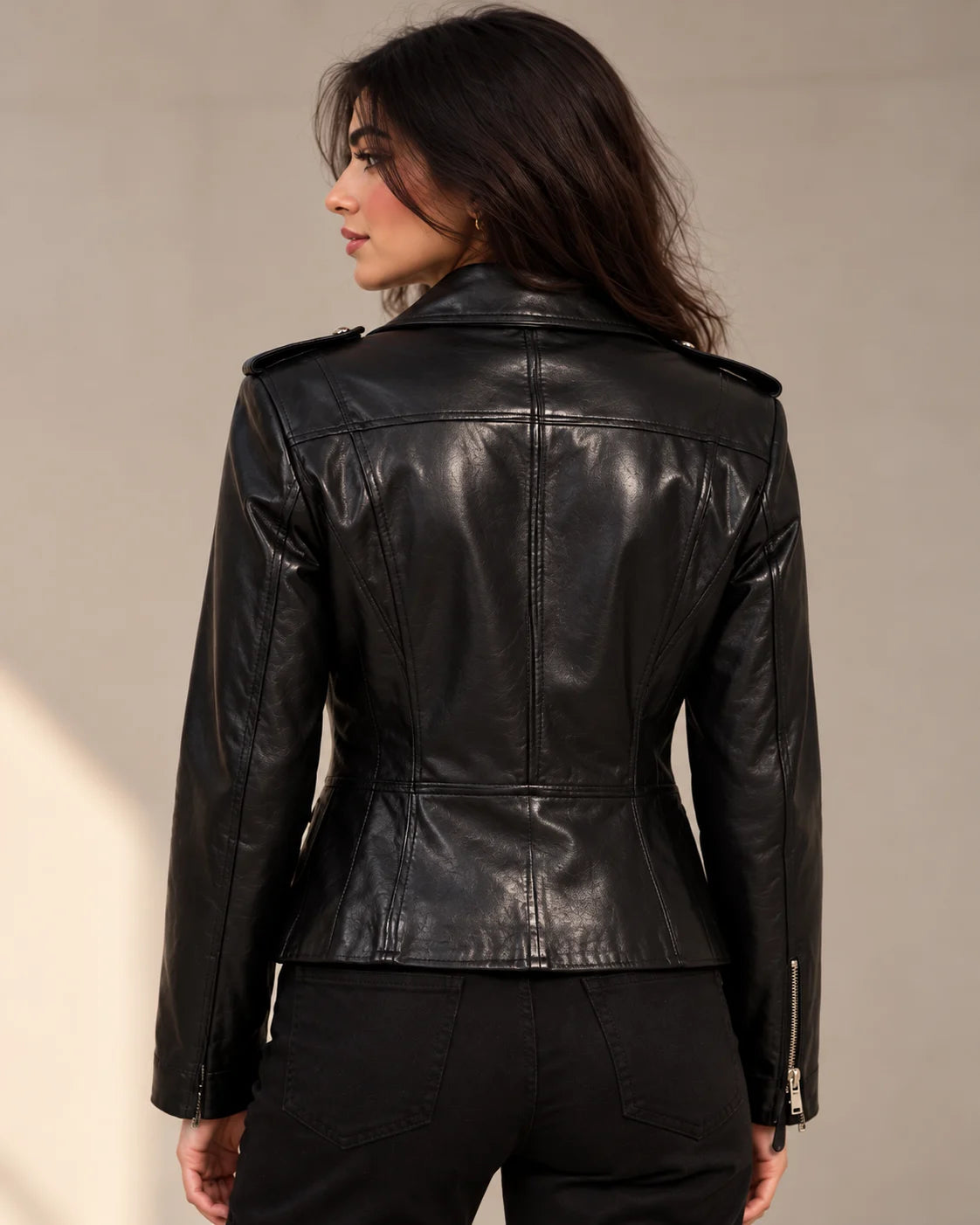 Women's Black Leather Biker Jacket with Star Studs, view 5