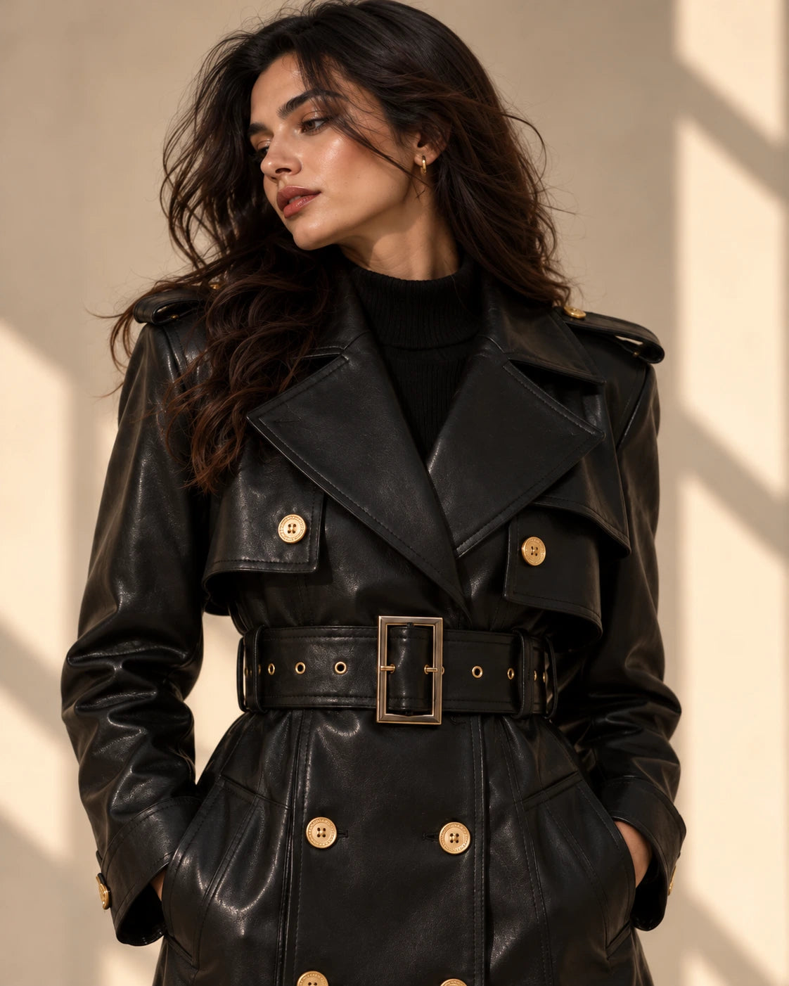 Women's Black Leather Trench Coat with Gold Buttons, view 3