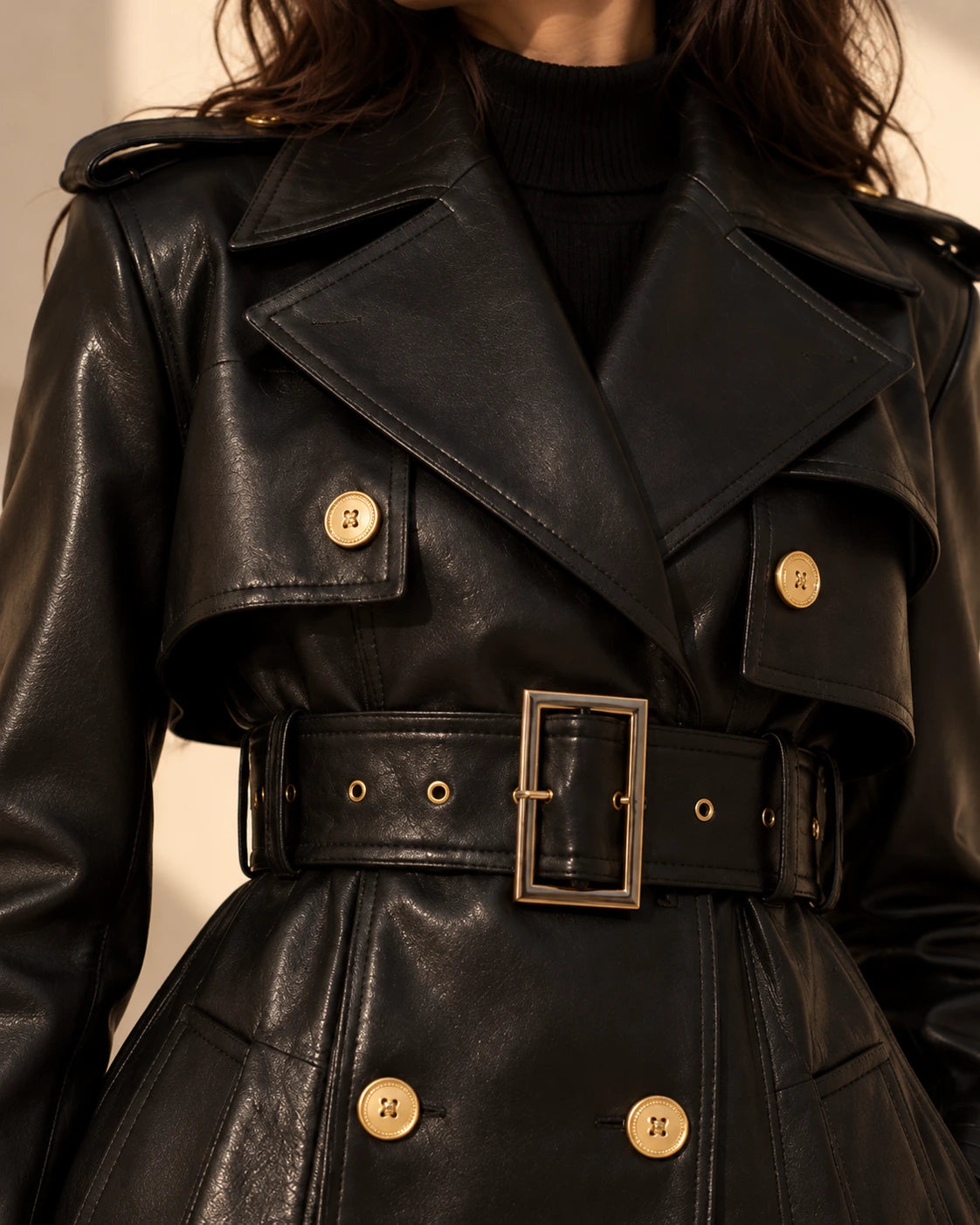 Women's Black Leather Trench Coat with Gold Buttons, view 4