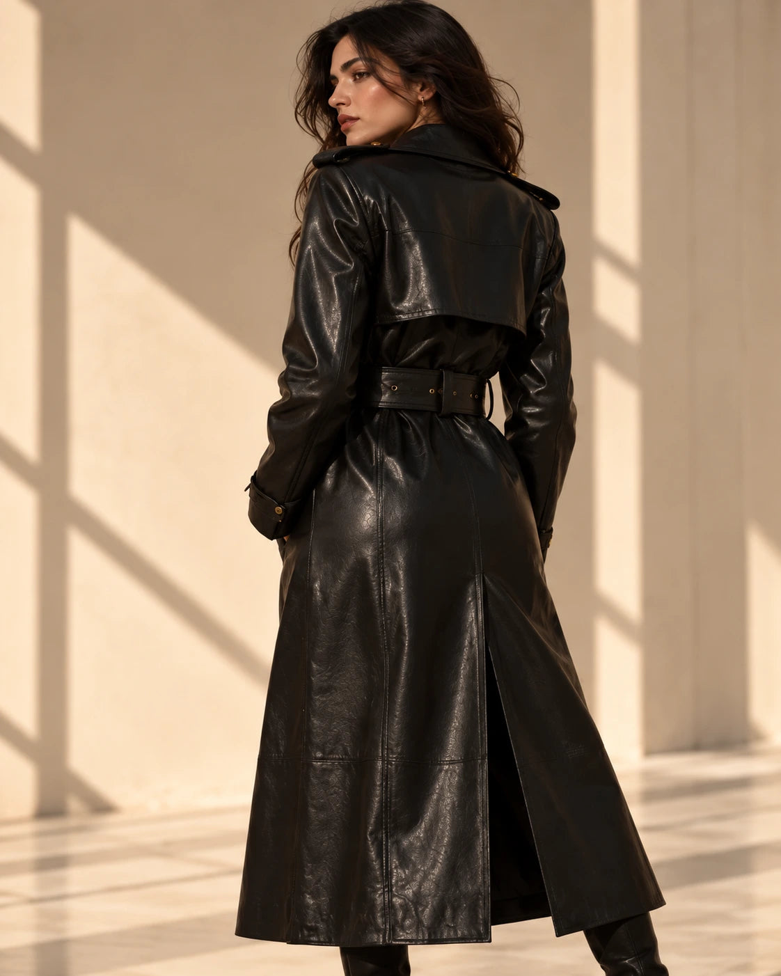 Women's Black Leather Trench Coat with Gold Buttons, view 5