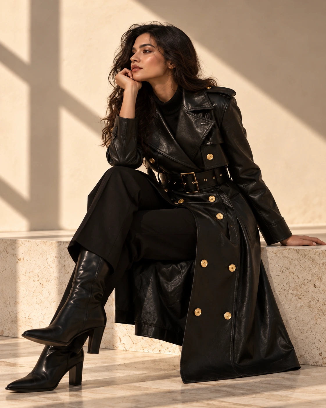 Women's Black Leather Trench Coat with Gold Buttons, view 6