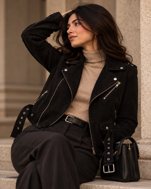 Women's Black Suede Biker Jacket, view 2