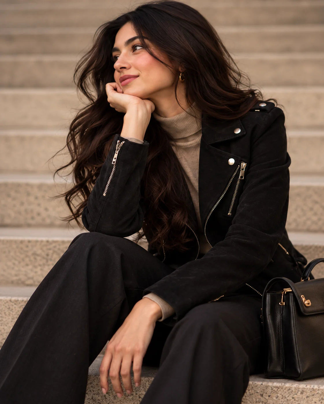 Women's Black Suede Biker Jacket, view 3