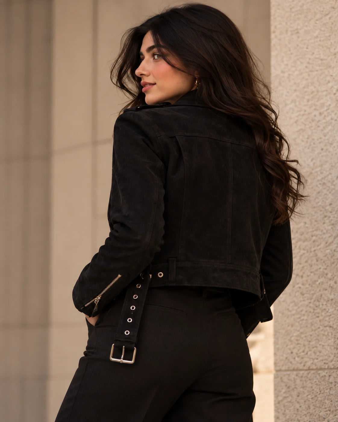 Women's Black Suede Biker Jacket, view 5