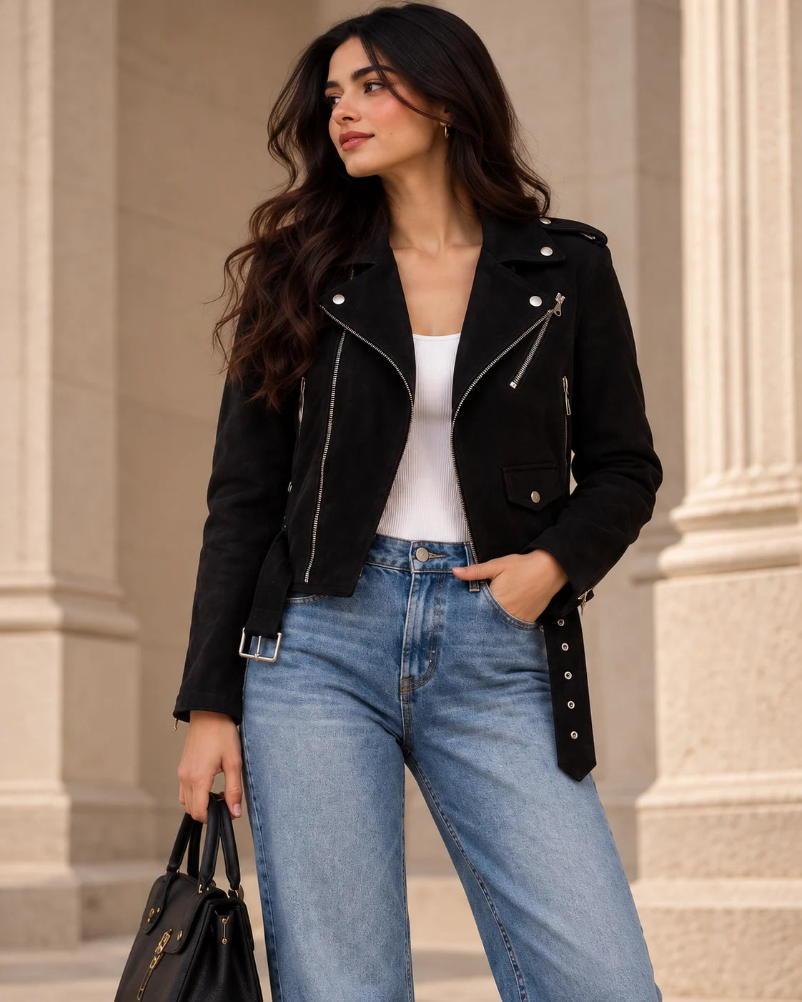 Women's Black Suede Moto Jacket with Belted Hem