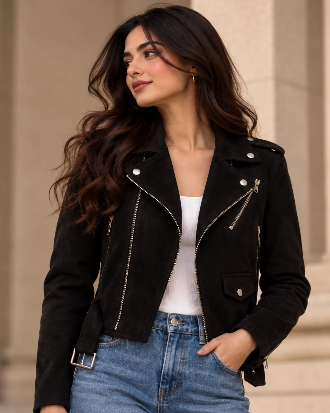 Women's Black Suede Moto Jacket with Belted Hem, view 2