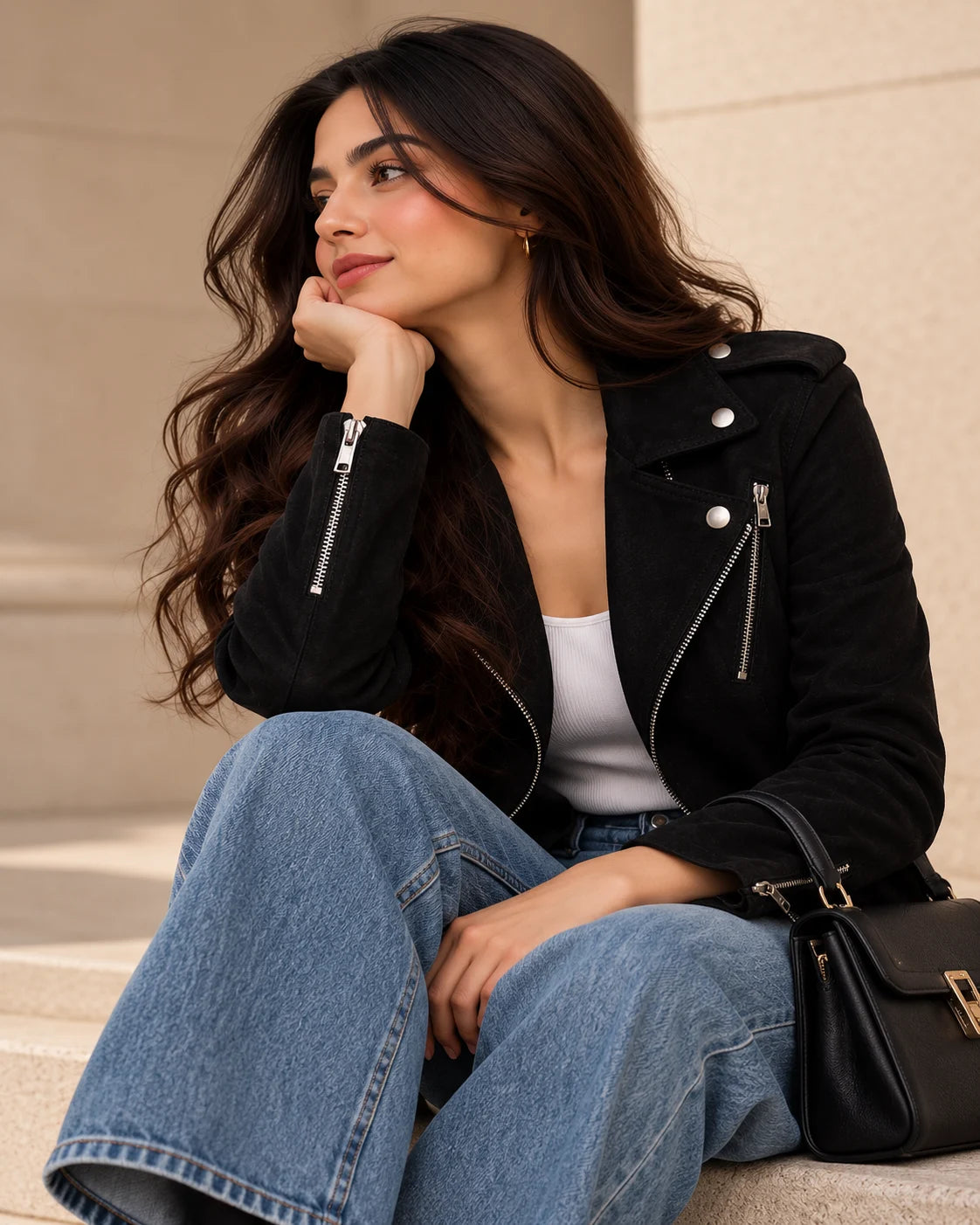 Women's Black Suede Moto Jacket with Belted Hem, view 3