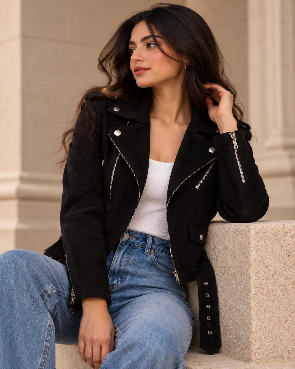 Women's Black Suede Moto Jacket with Belted Hem, view 4