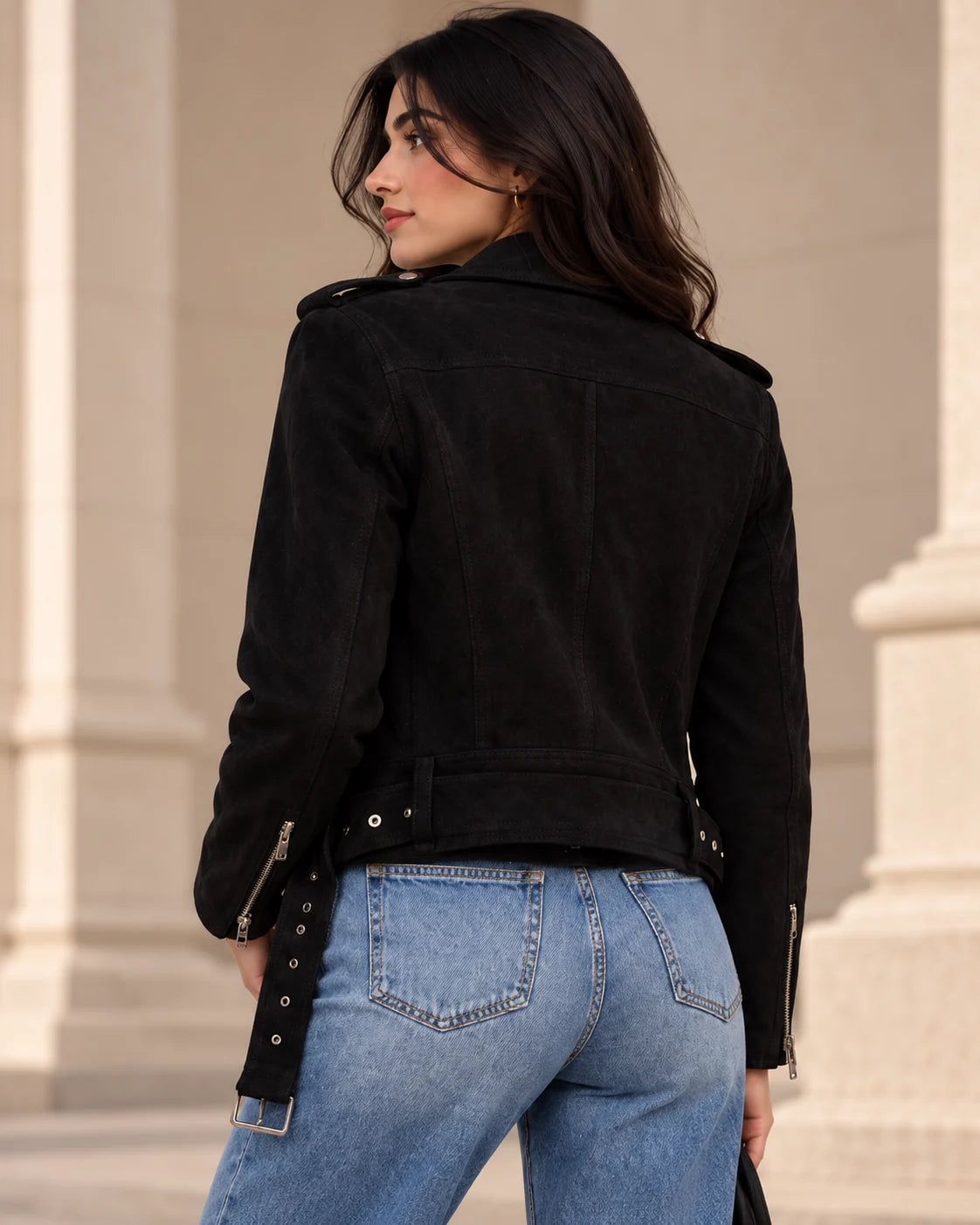 Women's Black Suede Moto Jacket with Belted Hem, view 5