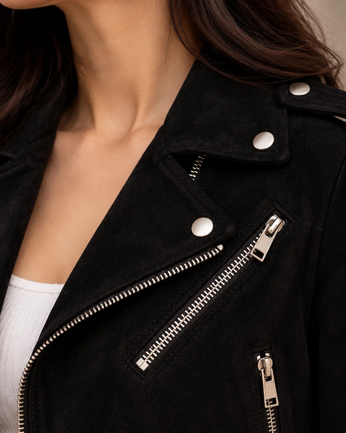 Women's Black Suede Moto Jacket with Belted Hem, view 6