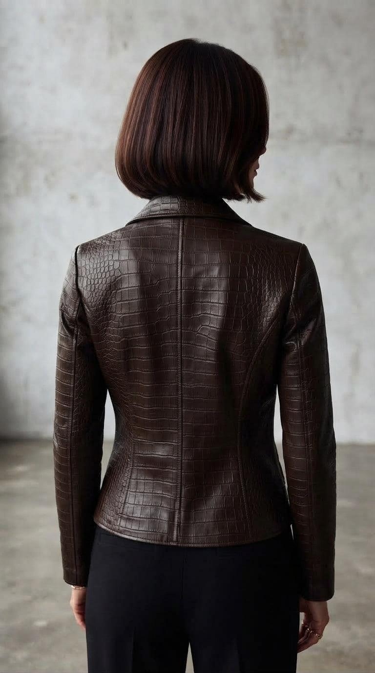 Rückansicht der kurzen braunen Damen-Lederjacke mit Krokoprägung