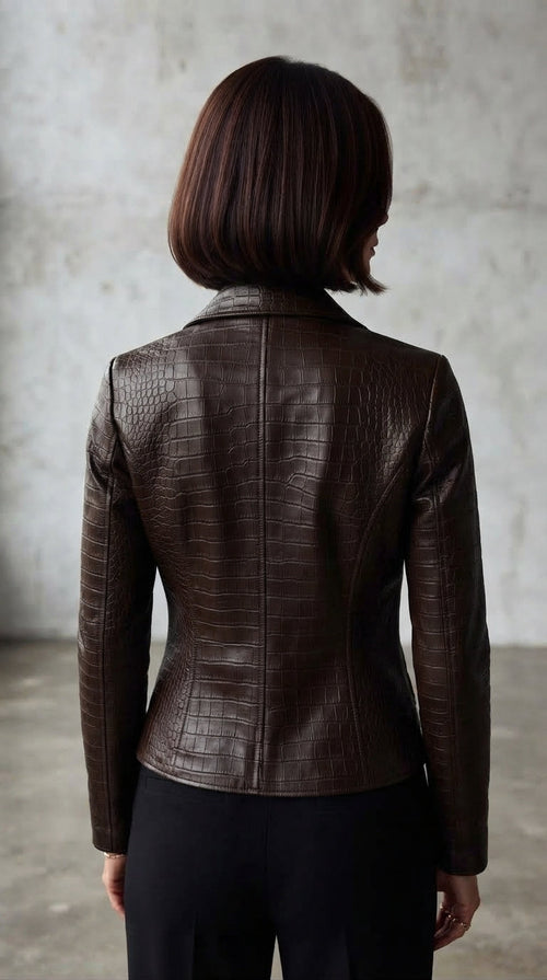 Rückansicht der kurzen braunen Damen-Lederjacke mit Krokoprägung