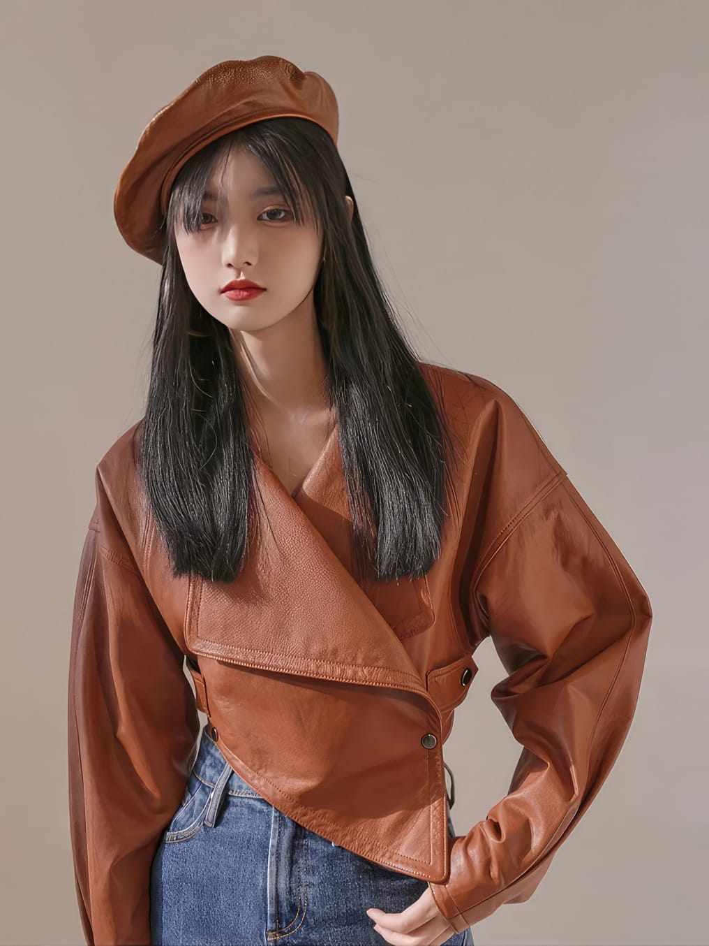 Women's Brown Cropped Leather Jacket, front view