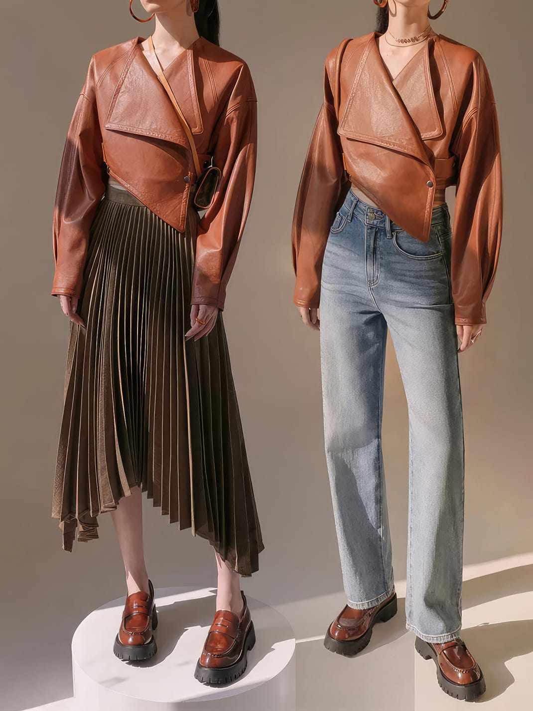Women's Brown Cropped Leather Jacket, leather detail