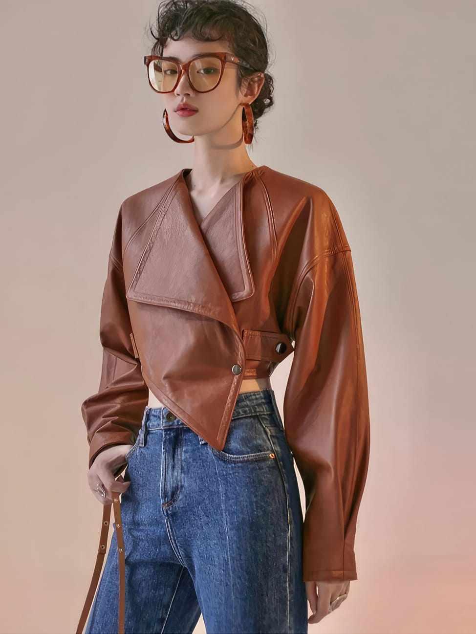 Women's Brown Cropped Leather Jacket, back view
