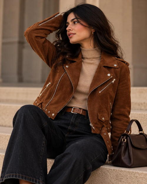 Women's Brown Suede Biker Jacket, view 2