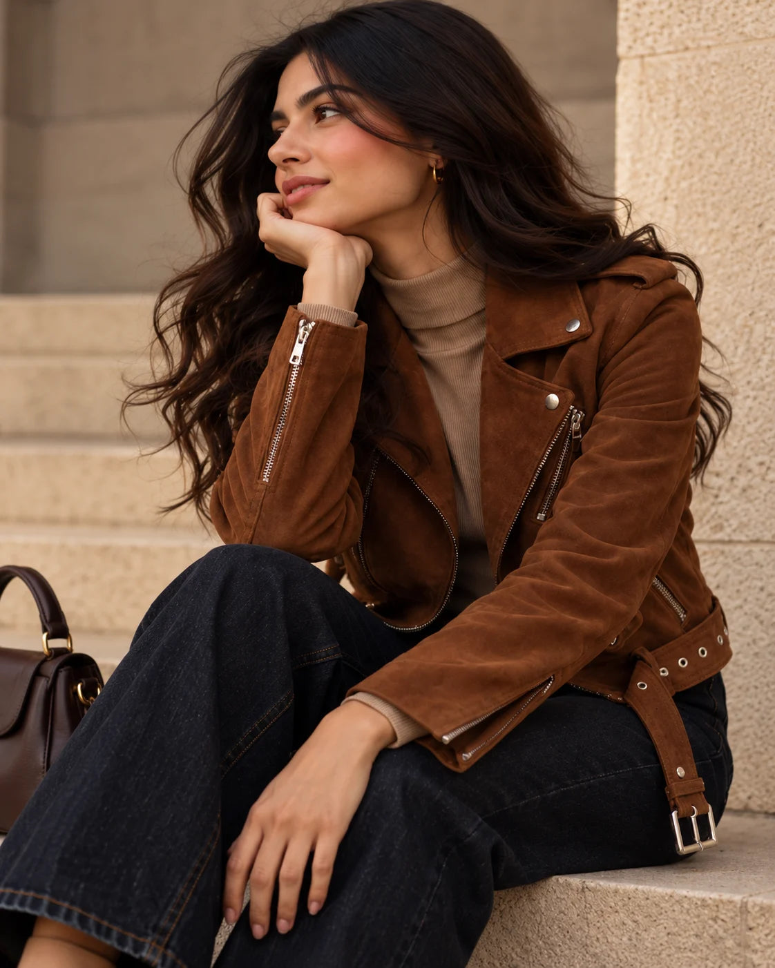 Women's Brown Suede Biker Jacket, view 3